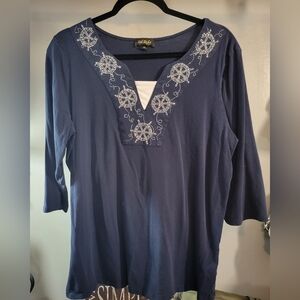 Elegant Blue 3/4 Sleeve Embellished Blouse